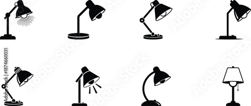 Collection of various desk lamps in different positions and styles