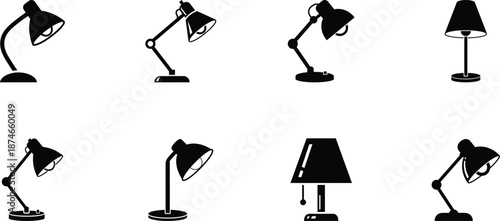 Collection of various desk lamps in different positions and styles