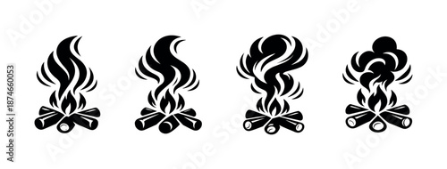 Campfire vector icons set, flat flame symbols. bonfire, firewood, wood burning