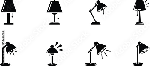 Eight different black silhouette illustrations of standing lamps with various shades