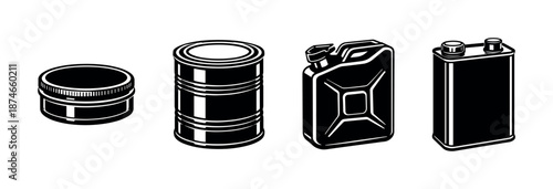 Oil container vector icons set: drum, jerry can, jar, rectangular canister