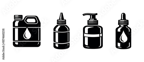 Oil container vector icons set: containers, bottles, canisters for liquid storage