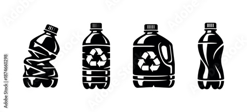 Plastic recycling vector icons set: bottles, eco symbols, waste management