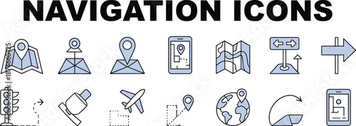 Navigation, icons, vector, illustration, sketch, outline, map, pin, compass, arrow, traffic, light, airplane, globe, mobile, GPS, location, travel, direction, signal, modern
