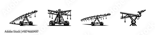 Construction cranes vector icons set: machinery, equipment, industrial symbols