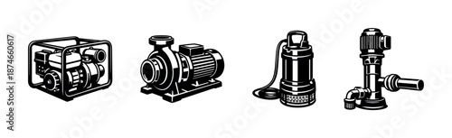 Water pump vector icons set: industrial machinery, equipment, plumbing symbols