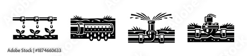 Water irrigation vector icons set: drip, sprinkler, valve, agriculture symbols