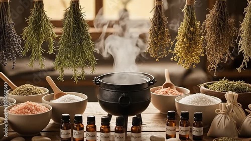 Organic Herbal Ingredients and Essential Oils in Rustic Kitchen Setting with Steam