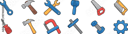 Tools, icons, vector, illustration, sketch, outline, wrench, hammer, saw, clamp, screwdriver, bolt, gear, cartoon, colorful, construction, repair, mechanical, hardware, toolkit, equipment