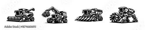 Agricultural machinery vector icons set: harvesters, excavators, and combine tractors