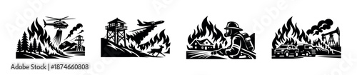 Firefighting vector icons set: forest fires, emergency response, rescue equipment