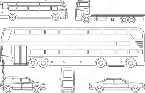 Vehicles, icons, vector, illustration, sketch, outline, bus, van, truck, car, transport, travel, mobility, vintage, classic, station, wagon, sedan, drawing, black, white