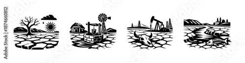 Drought and oil extraction vector icons set: desertification, fossil fuels symbols