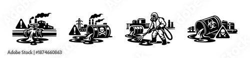 Industrial pollution symbols: vector icons set with toxic waste and pollution danger