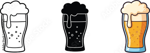 Various styles of refreshing beer glass icon: outline, silhouette, and colored designs