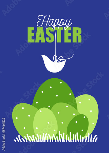 Happy Easter! Greeting card with the Easter eggs and the white dove