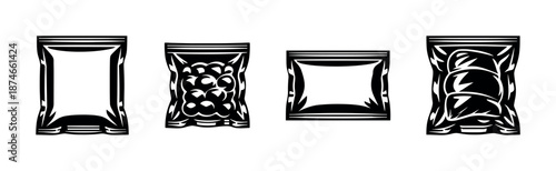 Snack packaging vector icons set: crisp bags, food wrappers, sealed packs