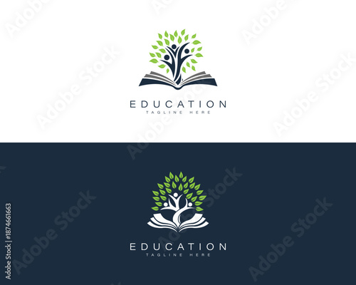 Green Leafy Tree Growing From Open Book Creative  Education Logo set.
