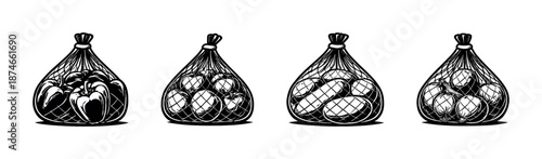 Set of fruit in mesh bags. vector icons set. grapes, bananas, lemons, oranges