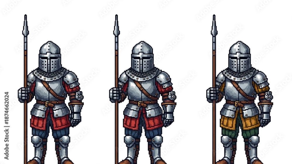 Fototapeta premium A vector graphic illustration of three medieval knights in armor standing with spears