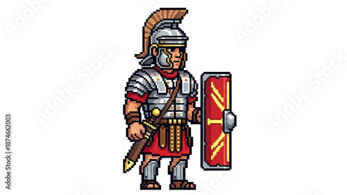 A pixel art illustration of a Roman soldier in armor holding a shield and spear