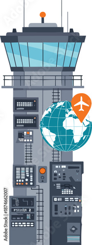 Airport Control Tower Illustration, Air Traffic Control Building with Radar Systems, Global Aviation Navigation and Flight Management Vector Design