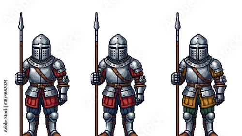 A vector graphic illustration of three medieval knights in armor standing with spears