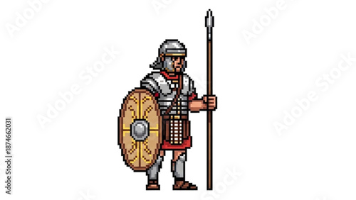 A pixel art illustration of a medieval warrior standing with a shield and spear in a bold and colorful design