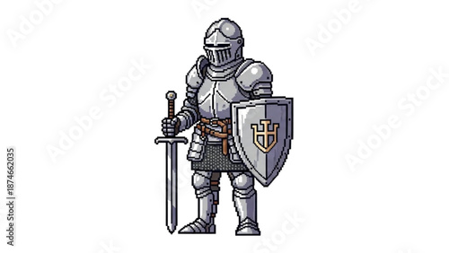 A medieval knight in armor holding a sword and shield with a cross emblem on a white background