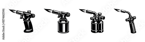 Blowtorch vector icons set: propane, welding, torch, black flame symbols