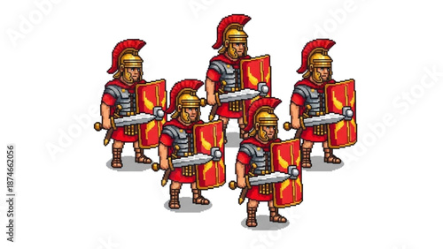 A vector graphic illustration of five ancient Roman soldiers standing in formation with shields and swords