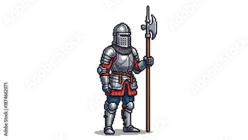 A cartoon knight in armor holding a battle-axe on a white background