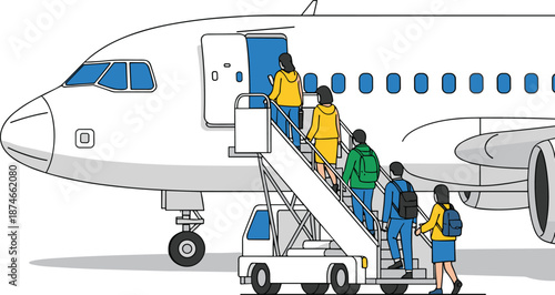 Airplane Boarding Illustration, Passengers Walking Up Stairs to Aircraft for Flight Travel, Airline Transportation and Airport Boarding Process Vector Design