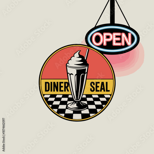 Retro diner seal with neon open sign and soda fountain milkshake over checkerboard floor, vintage restaurant emblem vector for menus, signage and branding