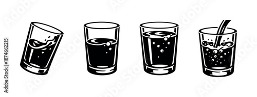 Glasses of soda vector icons set: black drink silhouettes, cup symbols, beverage designs