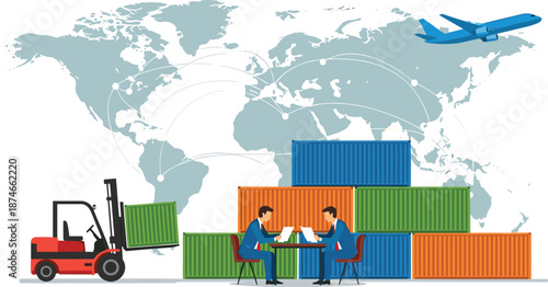 Global Logistics and International Trade Illustration, Cargo Containers, Forklift and Business Meeting with World Map and Air Transport, Supply Chain Vector Design
