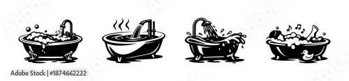 Bathtub vector icons set, black and white bathroom collection, tub, hygiene symbols