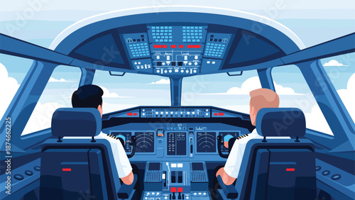 Airplane Cockpit Interior Illustration, Pilot and Co Pilot Flying Aircraft with Control Panel Dashboard, Aviation Flight Deck Vector Design