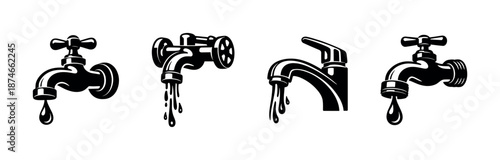 Water faucet vector icons set - taps, plumbing, drip symbols collection