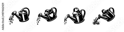 Gardening vector icons set: watering cans collection in flat, outline, black style