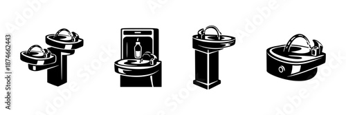 Water fountains vector icons set, drinking station symbols, fountain illustration