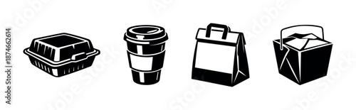 Takeout food vector icons set: fast food, containers, black silhouette designs