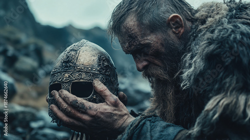 Viking Warrior Contemplating Ancient Helmet in Dramatic Landscape