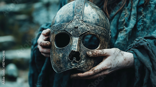 Mysterious Warrior Holding Ancient Viking Helmet