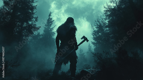 Mysterious Warrior in Foggy Forest with Axe