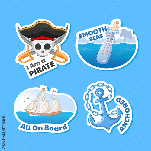 Set of pirate stickers in cartoon style. Message in a bottle, dead pirate skull in hat, adventure on a ship.