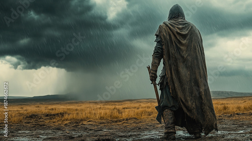 Mysterious Warrior in Rainy Landscape with Dark Clouds