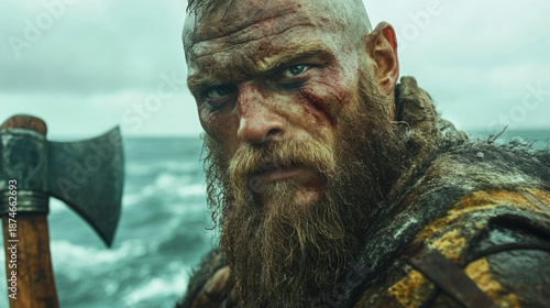 Intense Viking Warrior Portrait in Stormy Seas