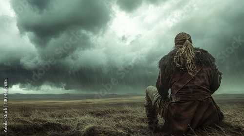 Dramatic Viking in Stormy Landscape Contemplating Natures Fury