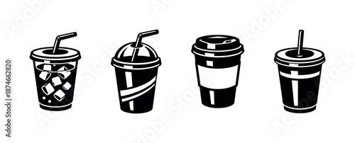 Beverage vector icons set: iced, cola, coffee, soft drink, cup collection